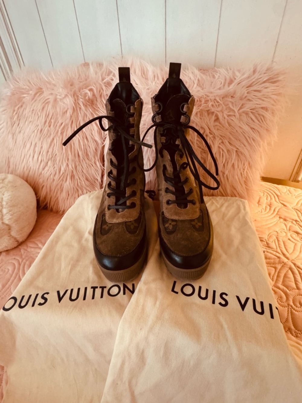 Louis Vuitton Brown and Black Lace-Up Platform Combat Boots - Women's